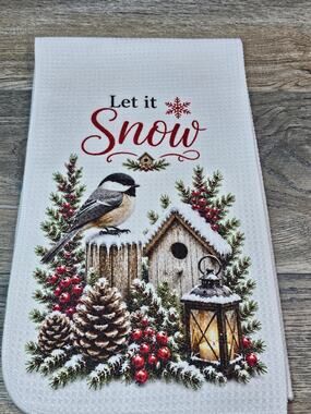 Let It Snow Chickadee Winter Kitchen Towel Rustic Farmhouse Birdhouse Decor